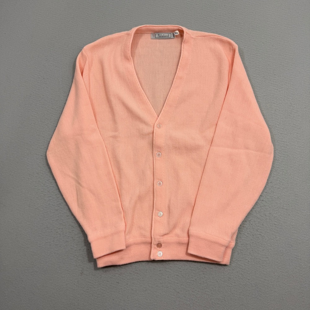 Vintage Palmland Cardigan Medium Peach Pink Acrylic Knit V-Neck Made in USA 90s